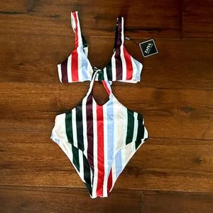 ZAFUL RIBBED KEYHOLE ONE-PEICE SWIMSUIT, SIZE US MEDIUM (US 6), RAINBOW
